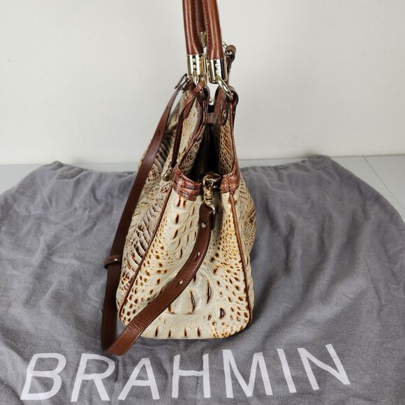 Brahmin Elisa Hobo Shoulder Bag Brown Cream Croc Embossed Leather Gold Hardware - Picture 8 of 16